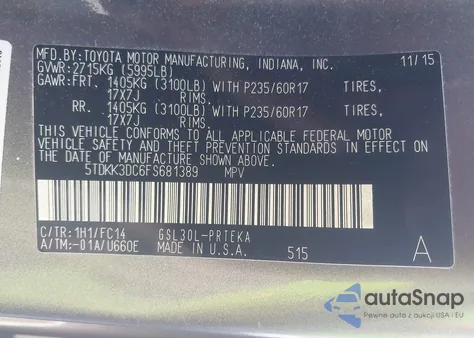 2015 Toyota Sienna Le 8 Passenger z USA, uszkodzony, nr VIN 5TDKK3DC6FS681389